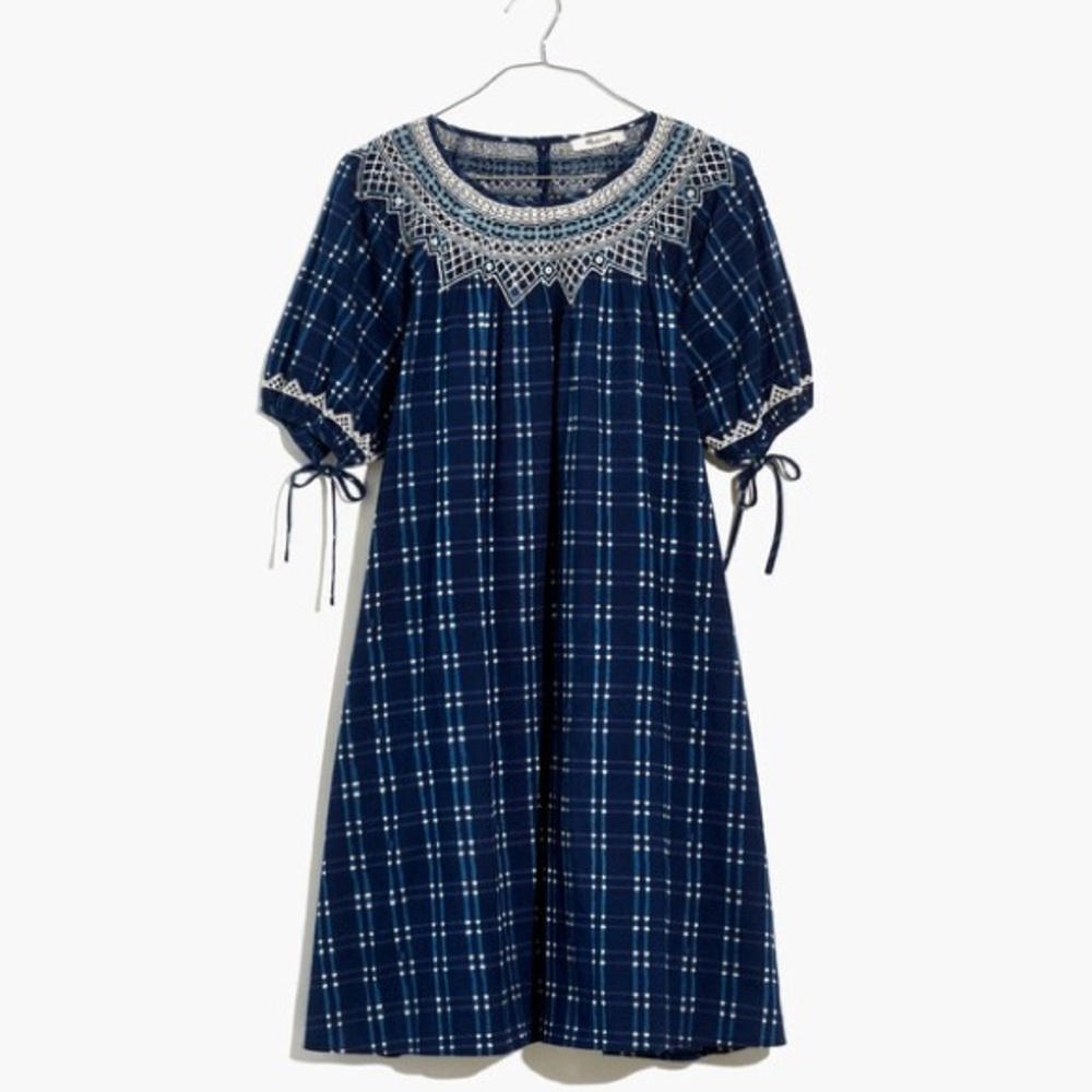 Madewell dress XXS Embroidered Puff-Sleeve mini Babydoll boho blue  Plaid